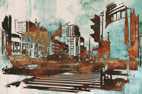 Fototapeta miejski pejzaż z abstrakcyjnym grunge, malarstwo ilustracyjne