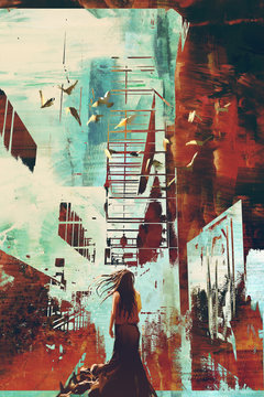 woman standing against abstract achitecture with grunge texture,illustration art.