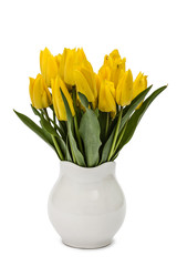 Bouquet from yellow tulips in vase, isolated on white background