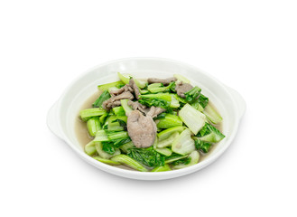 stir-fried pork and mustard green isolated on white background