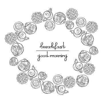 Good morning. Breakfast. Coffee pot and coffee cup. Delicious desserts and pastries. Frame - wreath. Round pattern.