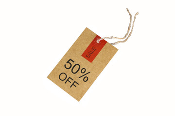 50% OFF sale price tag on white background