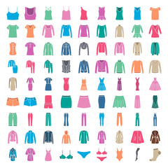 Fototapeta premium Clothes icons. Icons women fashion clothes. Colored silhouette