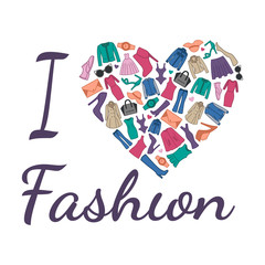 I love fashion illustration. Heart is composed of fashionable clothes, shoes and accessories