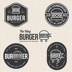 Set of badges, banner, labels and logo for hamburger, burger shop. Simple and minimal design. Vector illustration. - obrazy, fototapety, plakaty