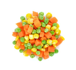 Mix of vegetable containing carrots, peas, and corn on white bac