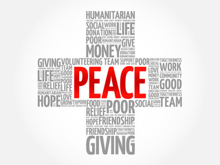 Peace word cloud collage, cross concept