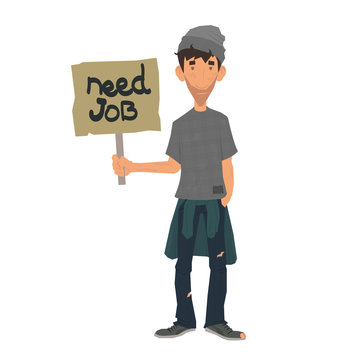 homeless people in need of help and work. Unemployed men holding cardboard paper with Need a Job message. Job seeking, unemployment and homeless issues.