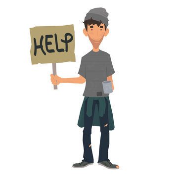 homeless man standing with a sign. the unfortunate homeless looking for work. dirty homeless man holding a sign. vector illustration.