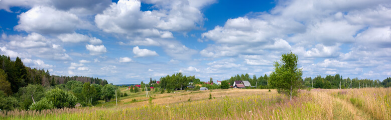Panoramic view the village and meadow