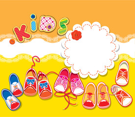 Card - children gumshoes, lace frame and word KIDS on orange and