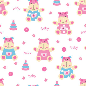 Seamless pattern with cute baby hippo