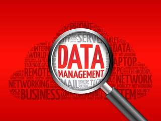 Data Management word cloud with magnifying glass, business concept