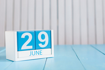 June 29th. Image of june 29 wooden color calendar on white background. Summer day. Empty space for text