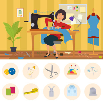 seamstress engaged in tailoring business. woman sews clothes in the tailor shop. Taylor sews clothes to order in a home workshop. woman sews a dress handmade. vector 