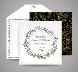 Set of wedding cards. Floral invitation, thank you card, save the date card. Templates for your design.
