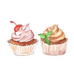 Cupcakes. Set 1. Watercolor dessert, isolated on white background