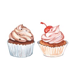 Cupcakes. Set 2. Watercolor dessert, isolated on white background