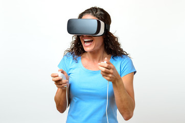 Woman controlling game while wearing 3D viewer