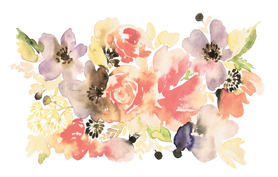 Flowers watercolor illustration. Manual composition. Mother's Day, wedding, birthday, Easter, Valentine's Day. Pastel colors. Spring. Summer.