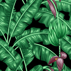 Seamless pattern with banana leaves. Decorative image of tropical foliage, flowers and fruits. Background made without clipping mask. Easy to use for backdrop, textile, wrapping paper