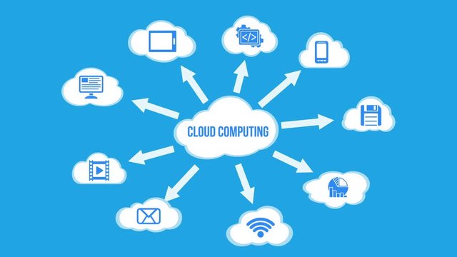 Cloud Computing concept background with a lot of clouds and icons flying on blue background. Alpha matte channel included. Cloud data video available in 4K FullHD and HD. 2D flat render footage.