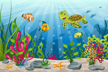 Naklejka na ściany i meble Illustration of underwater landscape with turtle and fish