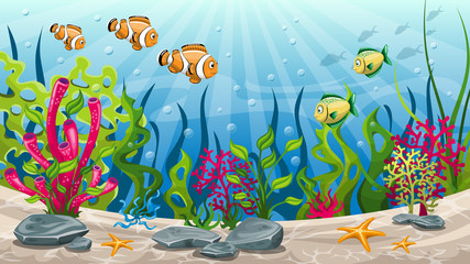 Naklejka na ściany i meble Illustration of underwater landscape with fish and stones