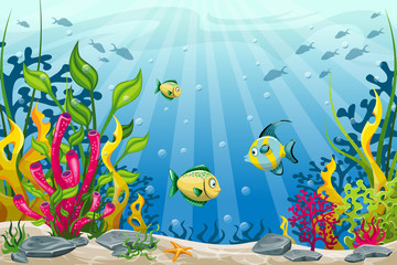 Fototapeta na wymiar Illustration of underwater landscape with fish and stones