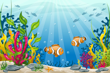 Illustration of underwater landscape with clownfish