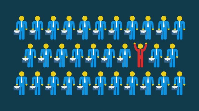 Think different concept with people and one out out of crowd jumping with hands up. Businessman people video available in 4K FullHD and HD. 2D flat render footage.