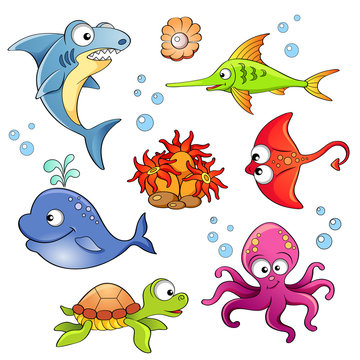 Set of cute cartoon sea animals isolated on white background