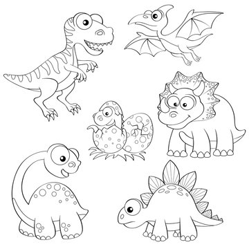Set of cartoon dinosaurs. Black and white vector illustration for coloring book