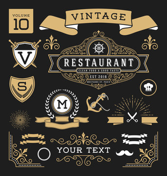 Set of retro vintage graphic design elements. Sign, frame labels, ribbons, logo symbols, crowns, flourishes line and ornaments. Suitable for Hotel, Restaurant, Invitation and more. Vector illustration