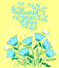 Vector grateful card in doodle style with flowers bouquet and butterfly