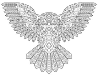 Flying owl. Adult antistress coloring page. Black and white hand drawn illustration for coloring book