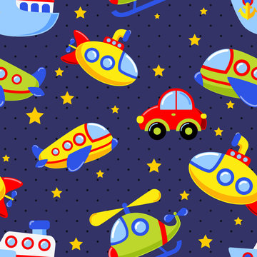 Childish seamless pattern with transport. Car, submarine, ship, plane, helicopter © alka5051