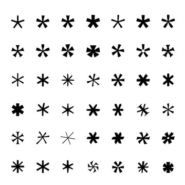 Asterisk (footnote, star) icons set Black icons isolated Vector illustration