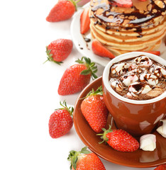 Hot chocolate with marshmallows and strawberries