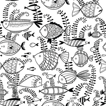 Cute seamless background with doodle underwater  fishes