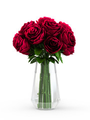 Bouquet of blossoming dark red roses in transparent vase isolated on white background. 3D Rendering, 3D Illustration.
