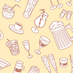 Vector drinks seamless pattern in doodle style