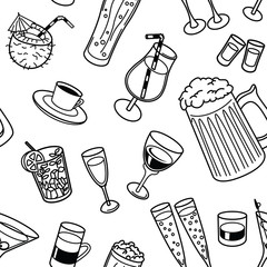 Black and white doodle drinks seamless pattern