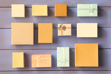 top view of various gift boxes. vintage filtered
