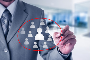 Human resources, assessment center and social media concept. Businessman choose person represented...