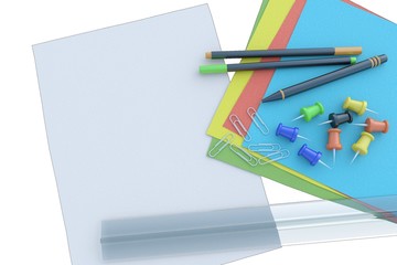 Color sheets of paper, , handles, a ruler, paper clips and pins on a white background. An illustration in 3D