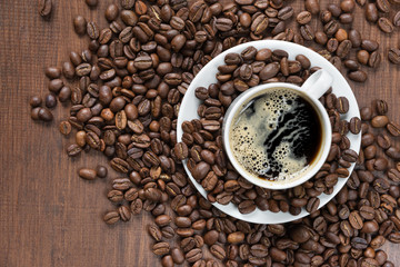 A cup of coffee and coffee beans