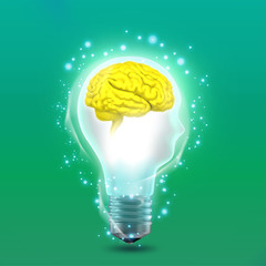 The concept idea in form of man's head light bulb with brain.