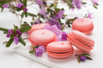 Bright macaroons on the wooden background. Shallow depth of field.