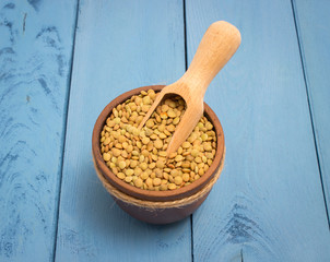the seeds of green lentils on a blue board
